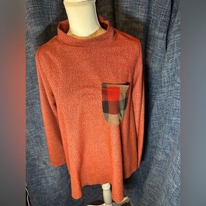 WONDERLAND Red Rust Knit Top with Plaid Pocket